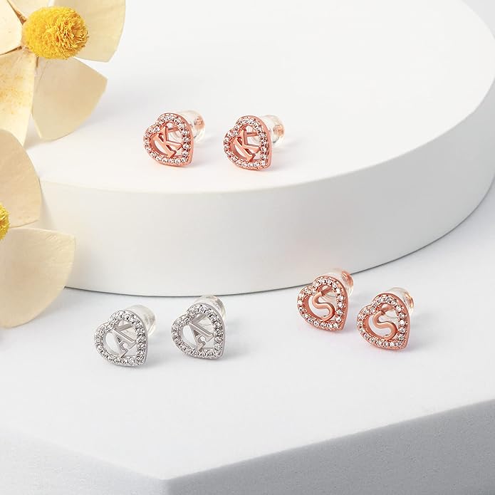 Initial Heart Earrings for Girls, Sterling Silver Post Silver/Rose Gold Heart Initial Stud Earrings for Little Girls Kids Baby Earrings Non Tarnish Hypoallergenic Earrings for Teen Girls Gifts Jewelry