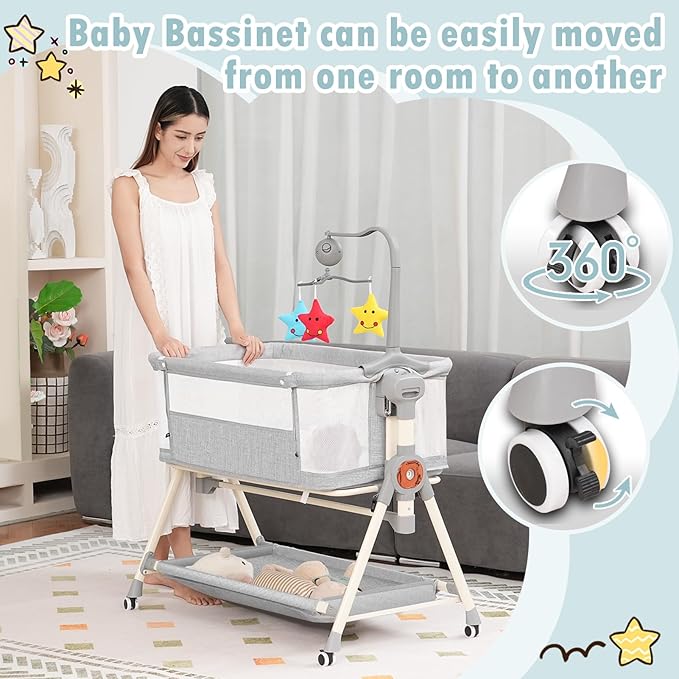 Baby Bassinet, Rocking Bassinet, 3 in 1 Bassinets Bedside Sleeper with Musical Toys, Bedside Bassinet for Baby with Storage Basket and Wheels, Adjustable Bedside Crib for Newborn (Grey)