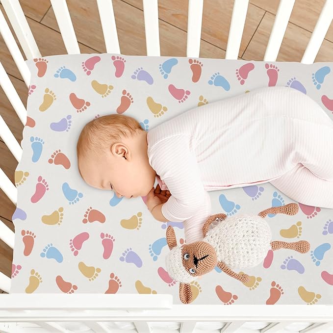 Baby Crib Sheets Colorful Baby Footprints Crib Sheets for Boys Girls,Neutral Bassinet Toddler Bed Play Sheets Breathable Soft and Portable 52 * 28 * 9in