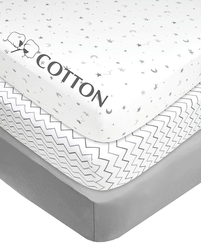 American Baby Company 3 Pack 100% Natural Cotton Fitted Crib Sheets 52" x 28" - Soft, Breathable, Hypoallergenic & Gentle Toddler Bed Sheets, Grey Star/Zigzag, Neutral for Boys & Girls