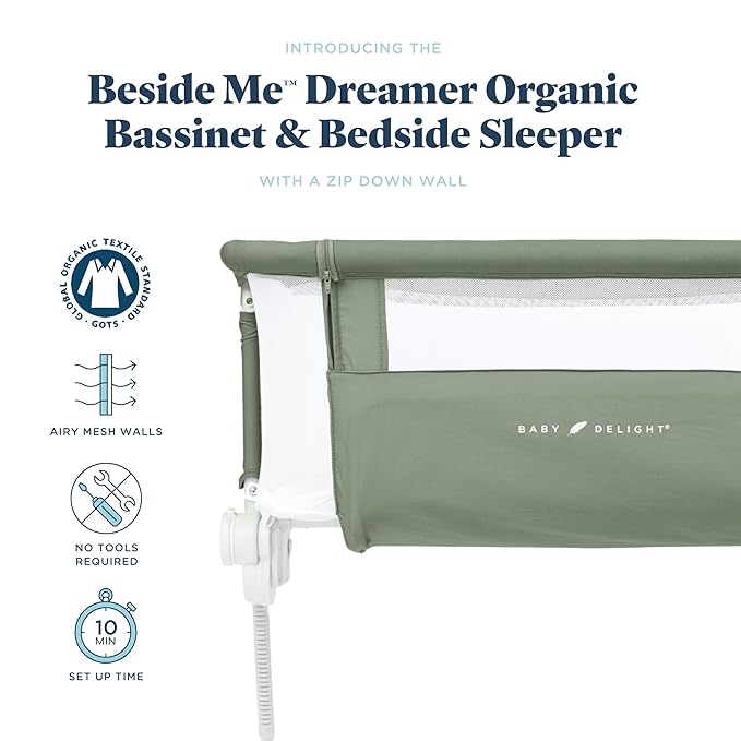 Baby Delight Beside Me Dreamer Bassinet | Bedside Sleeper & Baby Bassinet | 6-Position Height Adjustment | 100% GOTS Certified Organic Cotton Fabric | Organic Sage