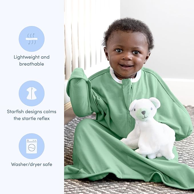 SleepingBaby Zipadee-Zip Transition Swaddle - Cozy Baby Swaddle Blanket with Zipper Convenience - Roomy Wearable Blanket for Easy Diaper Changes - Basil, Small (4-8 Month)
