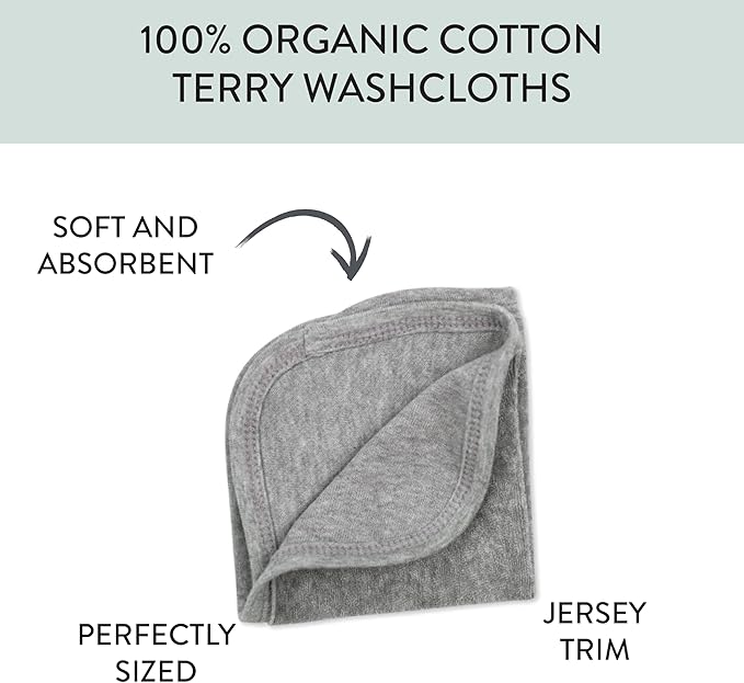 HonestBaby 10-Pack Terry Wash Cloths in Gift Box 100% Organic Cotton for Infant Baby Boys, Girls, 10-Pack Grey Heather, One Size