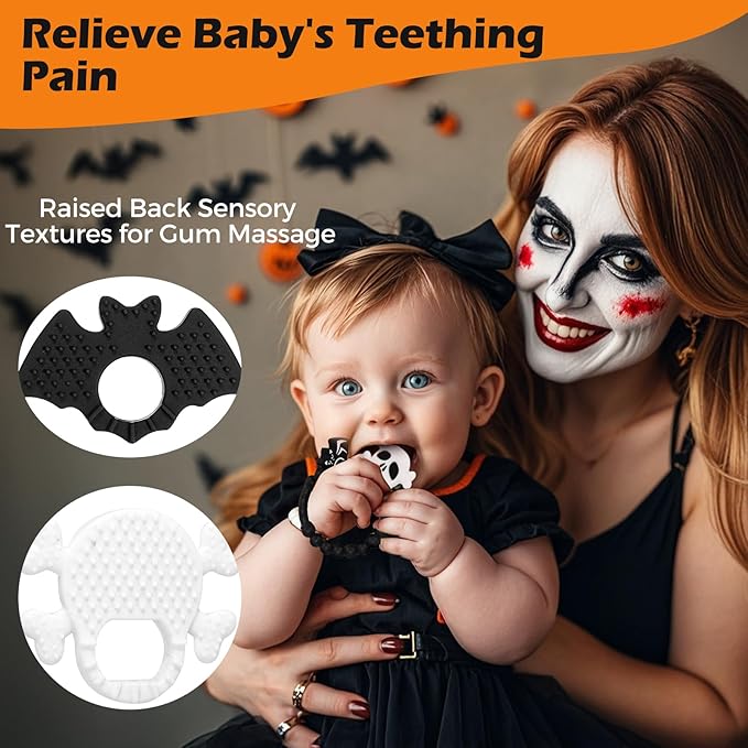 Halloween Baby Teething Ring Toys – Skull & Bat Silicone Teethers for Newborns, Infants & Toddlers – Sensory Chew Bracelet for Teething Relief – Perfect Baby’s First Halloween Basket Stuffers
