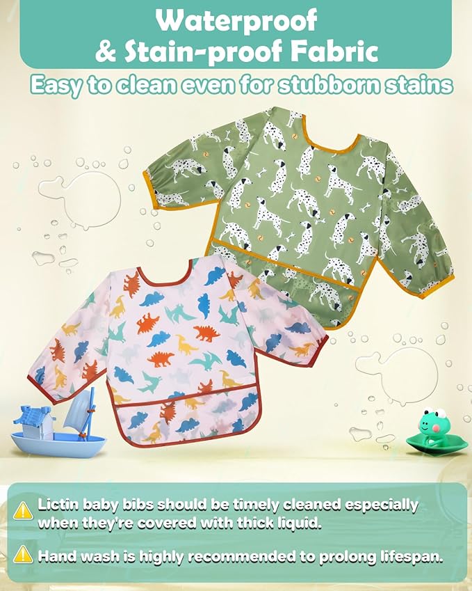 Lictin Long Sleeve Bibs 5 Pack - Baby Bibs, Waterproof Toddler Bibs, Baby Smock for Eating, Baby Bibs for Feeding Teething
