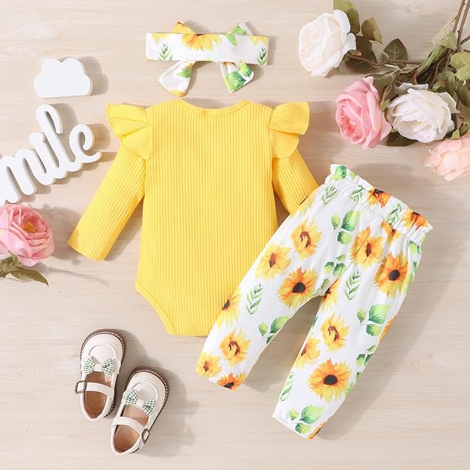 Baby Girl Clothes Newborn Infant Outfits Ruffle Romper+ Floral Pants + Cute Headband Sets for Girls