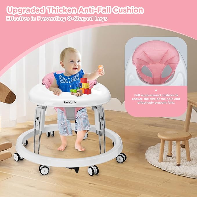 One-Touch Folding Baby Walker, Anti-Roll 8-Wheel Round Chassis, 7-Speed Height Adjustment, with Large Dinner Plate and Brake, 6-18 Months Baby Walker, Pink.