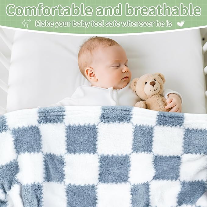 Checkered Baby Blanket for Boys, 2 Pack Soft Baby Boy Blankets, Small 28 x 40 inches Toddler Fleece Blanket, Essentials Crib Stroller Items, Newborn Gift (Blue)