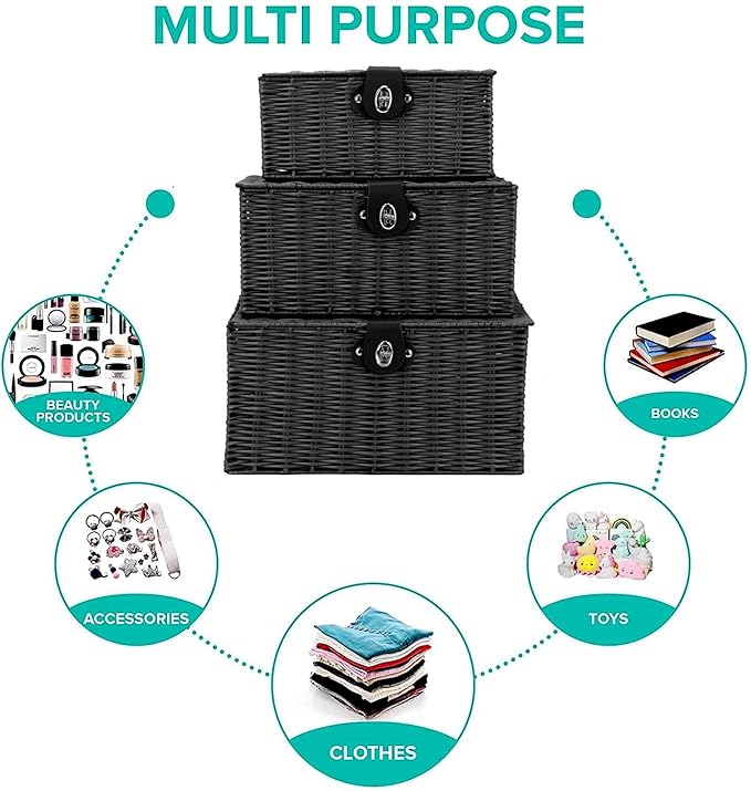 Set of 3 Woven Storage Basket Box Wicker Hamper Stackable Bin with Lid & Lock, Built-in Carry Handles, Organizer for Nursery, Baby Closet, Diaper, Toys, Home, Office, Laundry, DVD (Black)