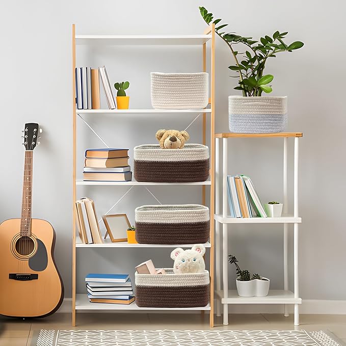 COMFY HOMI 11.5"x7.5"x4.7" Storage Baskets for Organizing | Cotton Rope Woven Basket | Toy Storage Bin Box | Basket for Shelves, Closet Organizer Bin, Decorative Closet Shelf, 3 Pack, dark brown/white