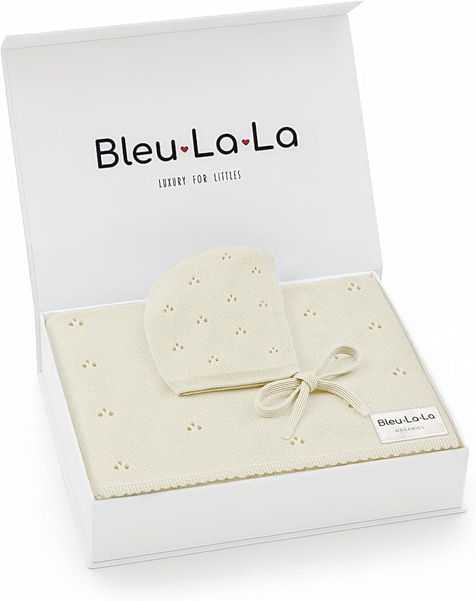 Organic Baby Blanket + Hat Gift Set - 100% Soft Luxury Cotton Unisex Receiving Swaddle Blanket + Bonnett Registry for Newborns & Infants (Butter Cream + Hat)