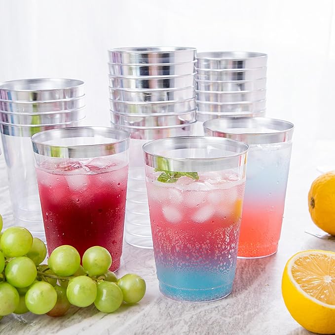 supernal 200pcs Silver Plastic Cups,12oz Clear Plastic Cups Tumblers,Silver Rimmed Cup,Elegant Party Cup,Premium Disposable Cup,Clear Party Cup,Wine Glasses for Party