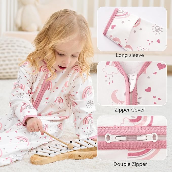 Baby Sleep Sack 12-18 Months, Long Sleeve Baby Wearable Blanket 0.5 Tog with Mittens, 2-Way Zipper Toddler Cotton Sleeping Sack for Boy and Girl Pink Rainbow 2 Pack(Large)
