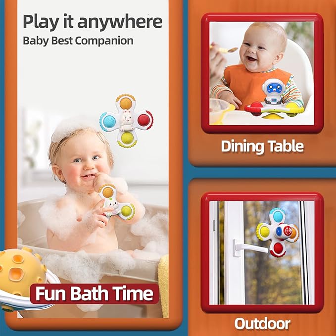 Baby Spin Rattle Set 3 Pcs, Suction Cup Infant Spinner - Sensory Bath Sucker, Travel Busy Teething Toy for Toddlers, Gifts 1-3 Yr Boy/Girl