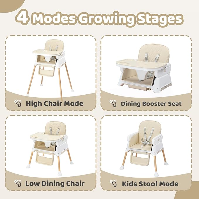 JOYMOR 5 in 1 Baby High Chair for Babies and Toddlers, Portable Highchair Fold Compact, ConvertibleBaby Feeding Chair Booster for Eating with Detachable Double Tray, 5 Point Harness (Beige)