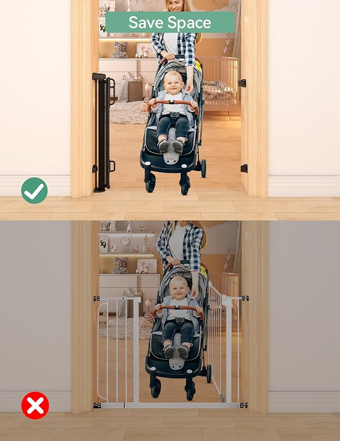 Momcozy Auto Lock Retractable Baby Gate, Safety Gate for Baby and Pet, 33” Tall, Extends to 55” Wide, Mesh Safety Dog Gate for Stairs, Indoor, Outdoor, Doorways, Hallways