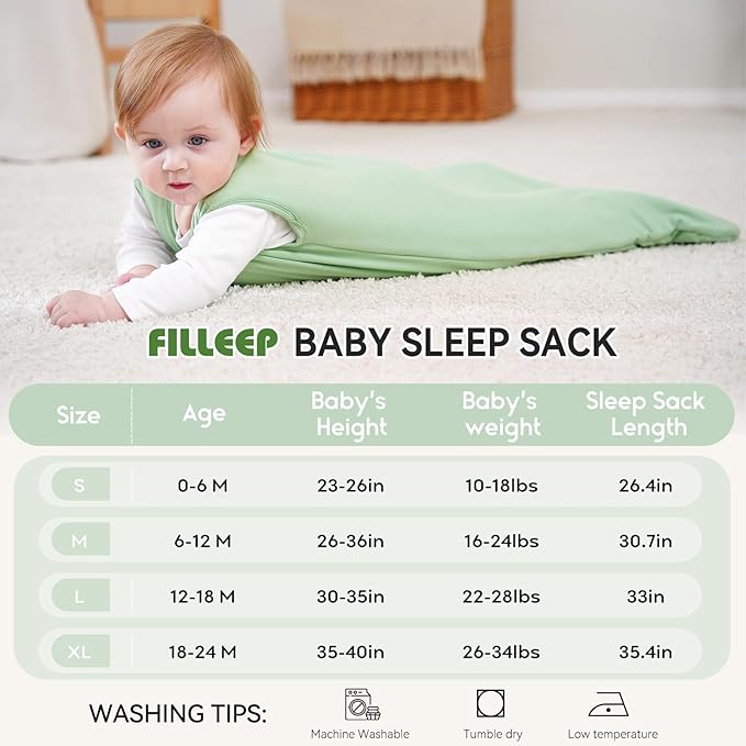 Rayon Made From Bamboo Baby Sleep Sack, SuperSoft 12-18 Months 1.0 Tog Baby Wearable Blanket, Sleeping Sack for Toddler Infant with 2-Way Zipper, Lightweight & Roomy,Green