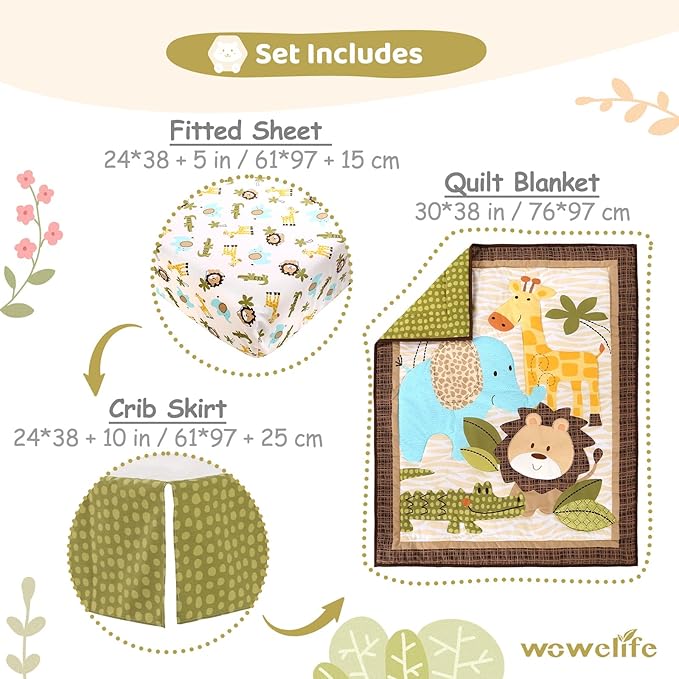 Wowelife Safari Crib Bedding Set, Mini Crib Bedding Set Boy. 3-Piece Mini Crib Comforter Set Nursery Bedding Sets for Boys Include Crib Comforter, Skirt and Sheet, Brown