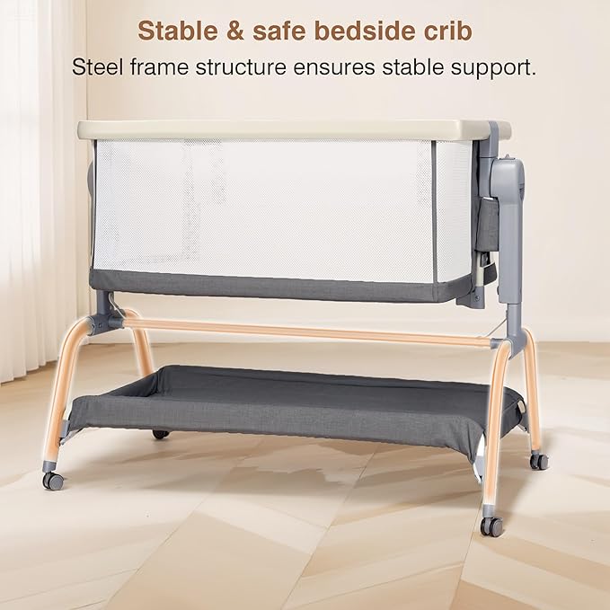 Bedside Cribs 3 in 1 Baby Bassinet Bedside Sleeper with Adjustable Height Easy Folding Portable Crib Comfy Mattress and Wheels - Gray