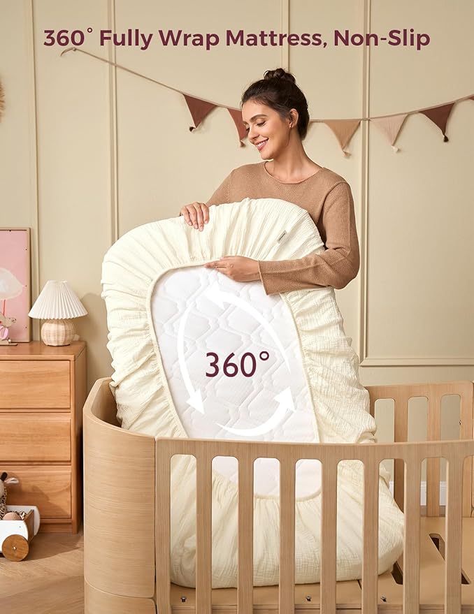 Momcozy Best Wishes Muslin Fitted Mini Crib Sheets, 38''x26'', 2 Pack Soft Breathable Natural Cotton Baby Mattress Sheet, 360° Mattress Wrapping Boys Girls Neutral Toddler Bed Sheet, Bravery Giraffe