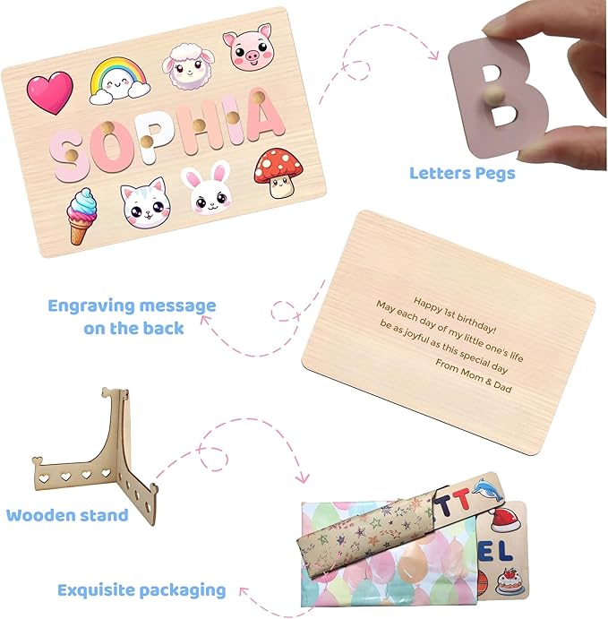 Wood Puzzles for Toddlers 1-3, Personalized Name Puzzle, 1 Year Old Birthday Gift,Montessori Toys for 1 Year Old,Educational Toys for Toddlers 1-3,Custom Name Puzzle