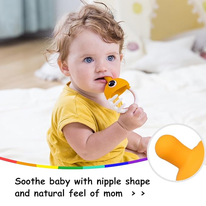 Teething Toys 3-6 Months with Pacifier Clip,Soft Silicone Clownfish Teethers for Babies 6-12 Months,Baby Chew Toys for Teething Relief,Sensory Development,Easy to Grip,BPA-Free(Saffron)