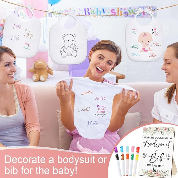 Roowest 35 Pcs Baby Shower Bibs Games Design Wooden Baby Shower Party Game Sign DIY Bodysuit Sign 15 White Blank Feeder Bibs 9 Newborn Bodysuit 10 Markers for Boys Girls(Flower)