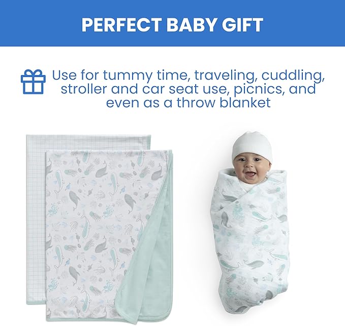 Delta Children 100% Organic Jersey Cotton Baby Receiving Blankets for Girls and Boys – 30x40 Inches - GOTS Certified (Pack of 2), Sea Life