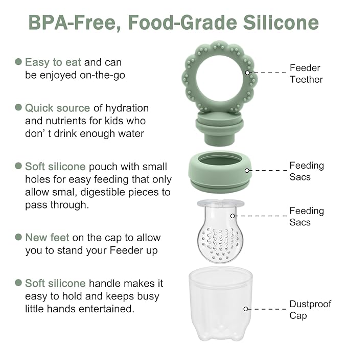 Baby Silicone Fruit Food Feeder Pacifier & Breastmilk Popsicle Freezer Molds,BPA Free Baby Food Storage Containers Frozen Ice Tray for Baby Feeding Safely, Infant Fruit Teething Toy (Green)