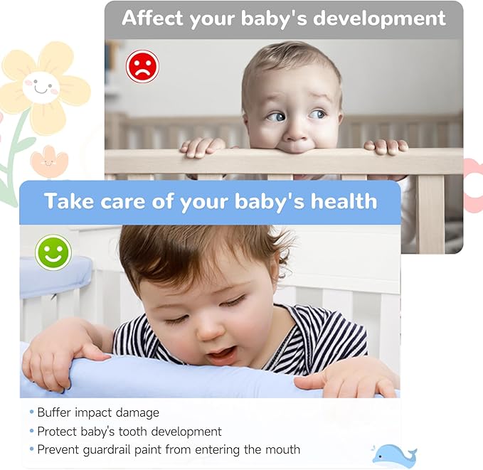 Blue 3pcs New Teething Edge Crib Rail Cover&Corner Guard Coverage Straps,Reversible Guardrail Cover Protector for Boys Girls(1 Long 2 Short)