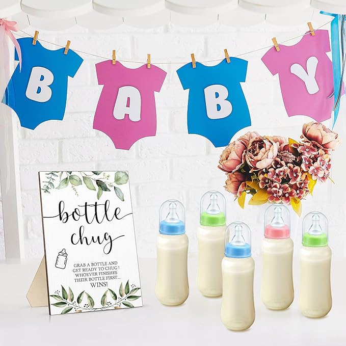 Roowest Bottle Chug Baby Shower Game Favors 12 Pcs Baby Bottles Shower Favor with 1 Wooden Sign for Gender Reveal Party Supplies Gifts(Green Leaves)