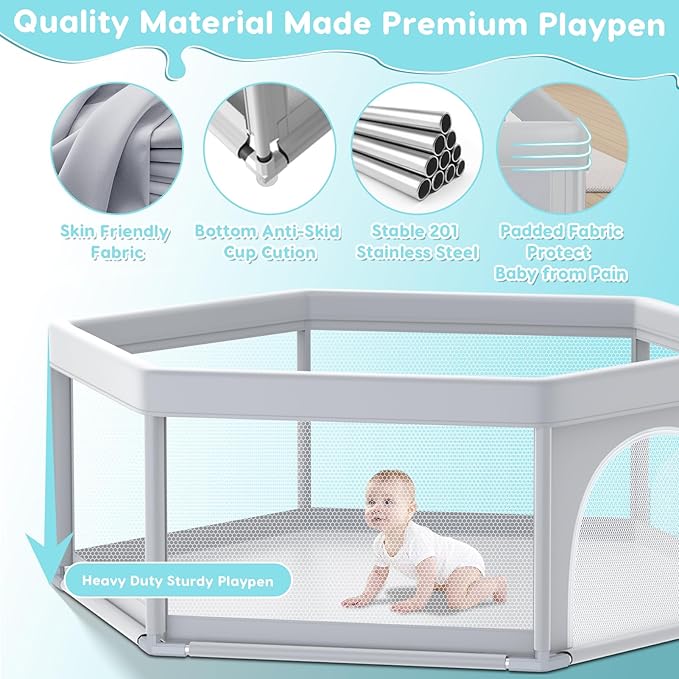 65" ×65" Hexagonal Baby Playpen, Baby Playard for Babies and Toddlers, BabyFence Play Pens for Indoor & Outdoor, Sturdy Safety Play Yard with Soft Breathable Mesh, Anti-Fall, Grey
