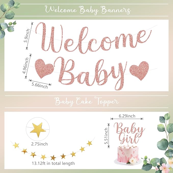 Amandir Girl Baby Shower Decorations Pink Sage Green Balloons Welcome Baby Banner, Cake Topper, Paper Lanterns, Pom Poms Flowers Tassels, Circle Dots Star Garland Gender Reveal Birthday Party Supplies