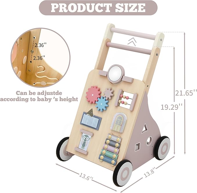 Wooden Baby Walker, Baby Push Walker Adjustable Height and Speed Multiple Learning Activity Walker Baby Walker with Wheels for Girls 6-12 Months, Pink