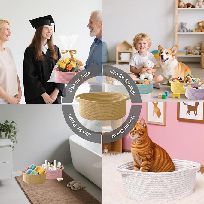 Gift Basket with Gift Bag and Ribbons,Small Rope Woven Shelf Storage,Baskets for Gifts Empty,Birthday,Shower,Decorative Organizer Box for Cat Dog Pet with Handles(Jute)