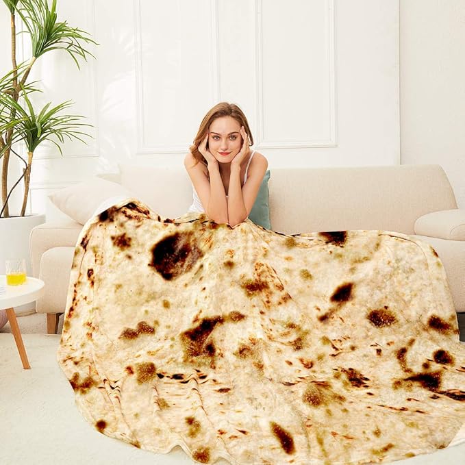 Burrito Tortilla Throw Blanket, 2.0 Double Sided Burritos Taco Tortilla Wrap Blankets for Adults Kids, Giant Funny Realistic Food Blankets, Soft Flannel Round Throw Blanket 71in