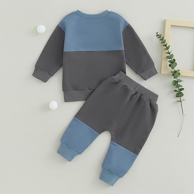 Kupretty Toddler Baby Boy Fall Winter Clothes Color Block Long Sleeve Sweatshirt Pullover Tops + Joggers Pants Outfit Set
