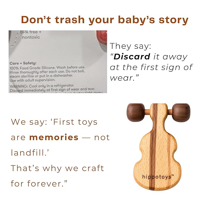 HippoToys Wooden Teething Toy – USA’s First Real Natural Teether & Rattle for Babies 0–12 Months – Handcrafted Beech & Walnut Wood – No Fake Natural, No Silicone, No Rubber