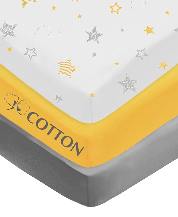American Baby Company 3 Pack 100% Natural Cotton Fitted Crib Sheets 52" x 28" - Soft, Breathable, Hypoallergenic & Gentle Toddler Bed Sheets, Yellow Star/Yellow/Gray, Neutral for Boys & Girls