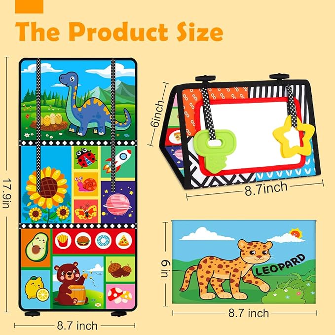 Baby Toys 0-6 Months - Tummy Time Toy Black and White High Contrast Newborn Toys - Baby Mirror with Cloth Book Teether - Montessori Sensory Crinkle Toy for Infant 0-3-6-12 Month Boy Girl Shower Gifts