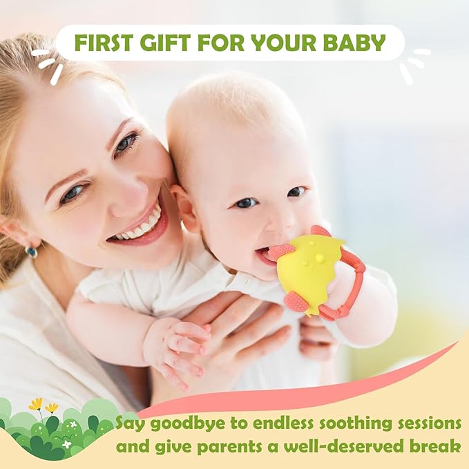 Anboor Baby Teething Toys, Silicone Teethers for Babies 4+Months Anti Dropping Hand Teether, Infant Baby Chew Toys for Teething Relief, Ideal Present for Newborn Soon-to-be Mothers (Yellow, Chicken)