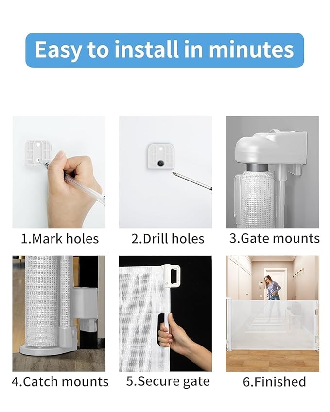 Retractable Baby Gate for Doorways and Stairs, Mesh Safety Gate for Pet, Indoor & Outdoor Use, One-Hand Operation, Easy Installation, 33.6" Tall, Expands to 71" Wide(White,33.6"x71")