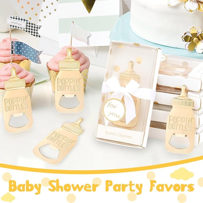 24PCS Golden Baby Bottle Openers for Baby Shower Favors Gifts, Baby Shower Decorations Souvenirs, Poppin Bottles Openers with Exquisite Gifts Box used for Guests Gender Reveal Party (24, white)