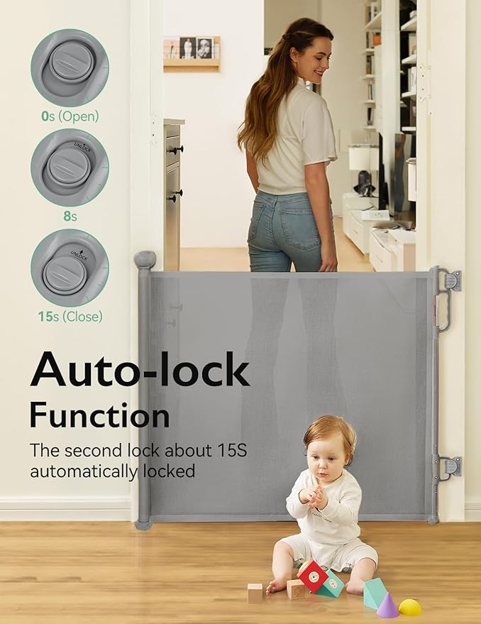 Momcozy Auto Lock Retractable Baby Gate, Safety Gate for Baby and Pet, 33” Tall, Extends to 55” Wide, Mesh Safety Dog Gate for Stairs, Indoor, Outdoor, Doorways, Hallways
