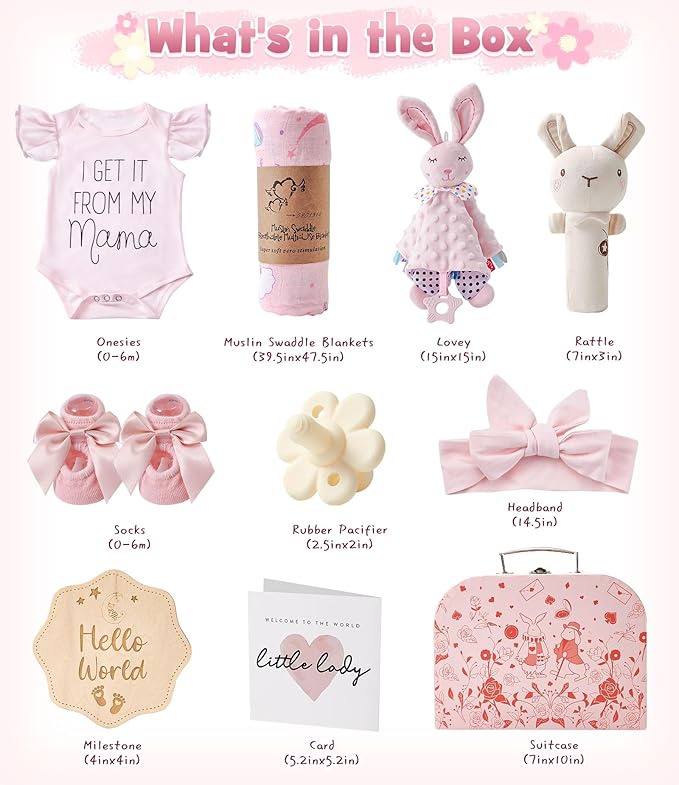 Golray Baby Shower Gifts for Girls, Baby Girl Gifts Baskets with Rattle, Blanket/Onesies Set, New Born Essential Stuff, Gender Reveal Ideas Infant New Born Baby Girls Gift Basket