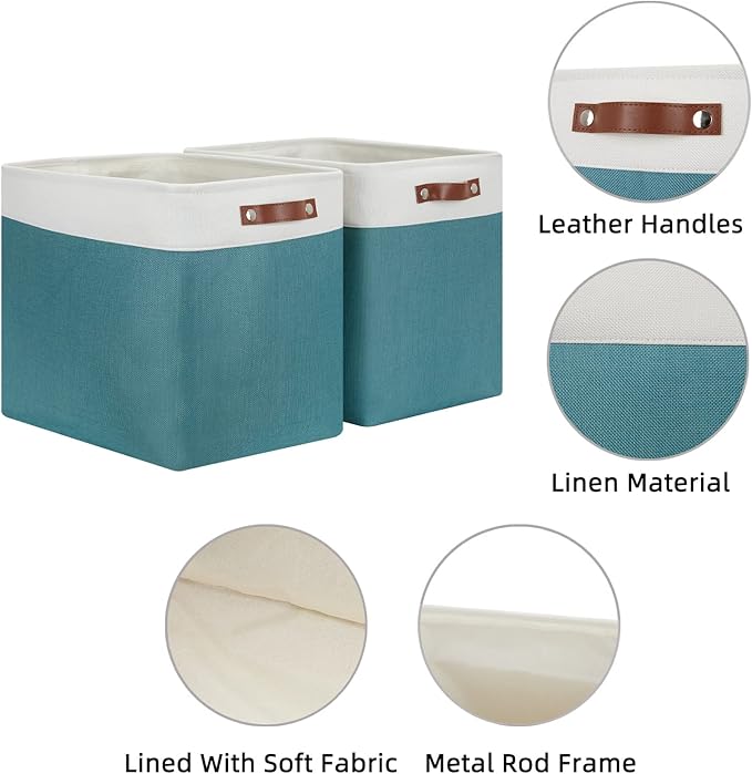 HNZIGE Large Canvas Organizer Baskets for Organizing, Rectangular Shelf Baskets with Handles, Collapsible Linen Storage Basket for Storage Shelves Closet, Home(White Teal), 17" x 12" x 15"