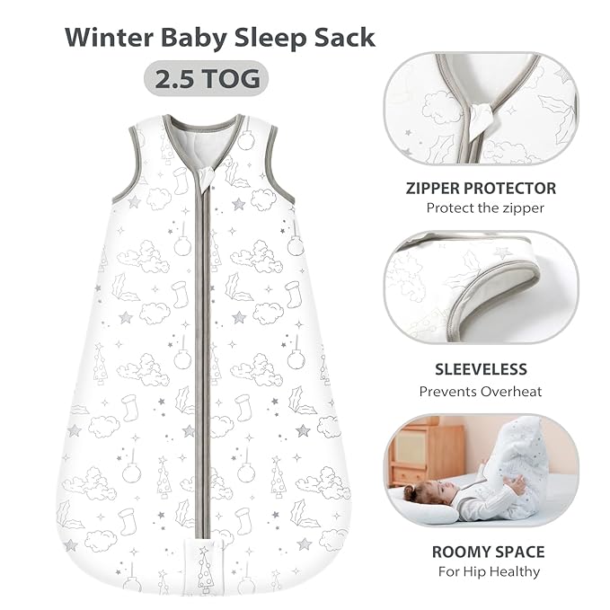 Mosebears Sleep Sack Baby Winter Wearable Blanket with 2-Way Zipper,2.5 TOG Cotton Sleep Sack Unisex (White Cloud, 12-18 Months)