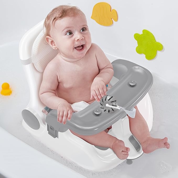 Baby Bath Seat with Sitting & Lying 2 Modes, 3-Speed Adjustment, Powerful Suction Cups, Infant Bathtub Chair with Washable Pillow, Folding and Hanging
