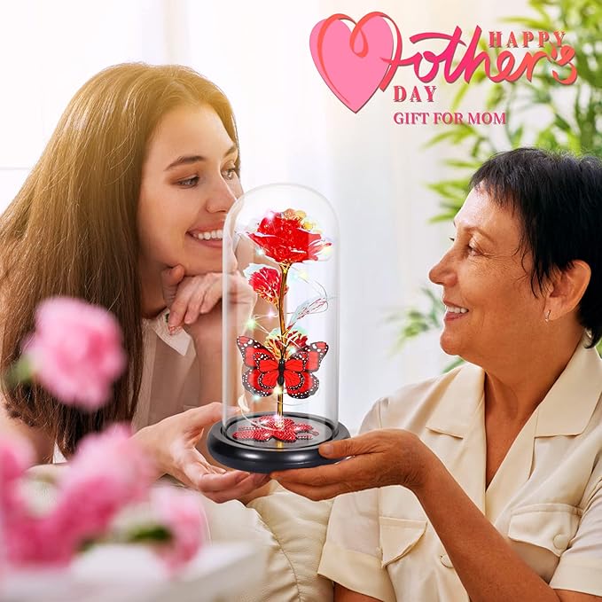 DEEMEI Birthday Gifts for Women Red Rose Eternal Flower Light Up Rose in Glass Dome with Butterfly, Flowers for Delivery Prime Anniversary Grandma Mom Gift Wife Girlfriend