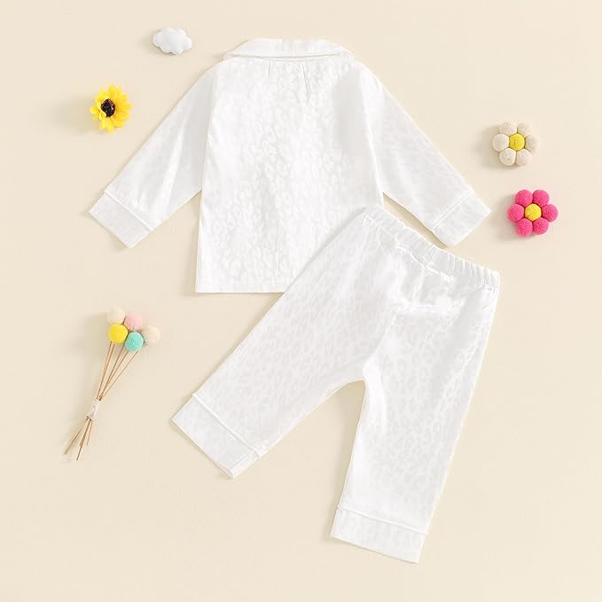 Toddler Kids Baby Girl Solid Pjs Ruffle Long Sleeve Button Shirt Top and Pants Cotton 2Piece Pajamas Set